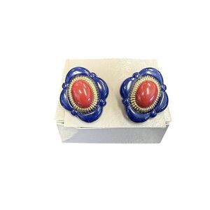 Avon “Arabesque” blue/red/goldtone clip earrings NIB vintage 1989